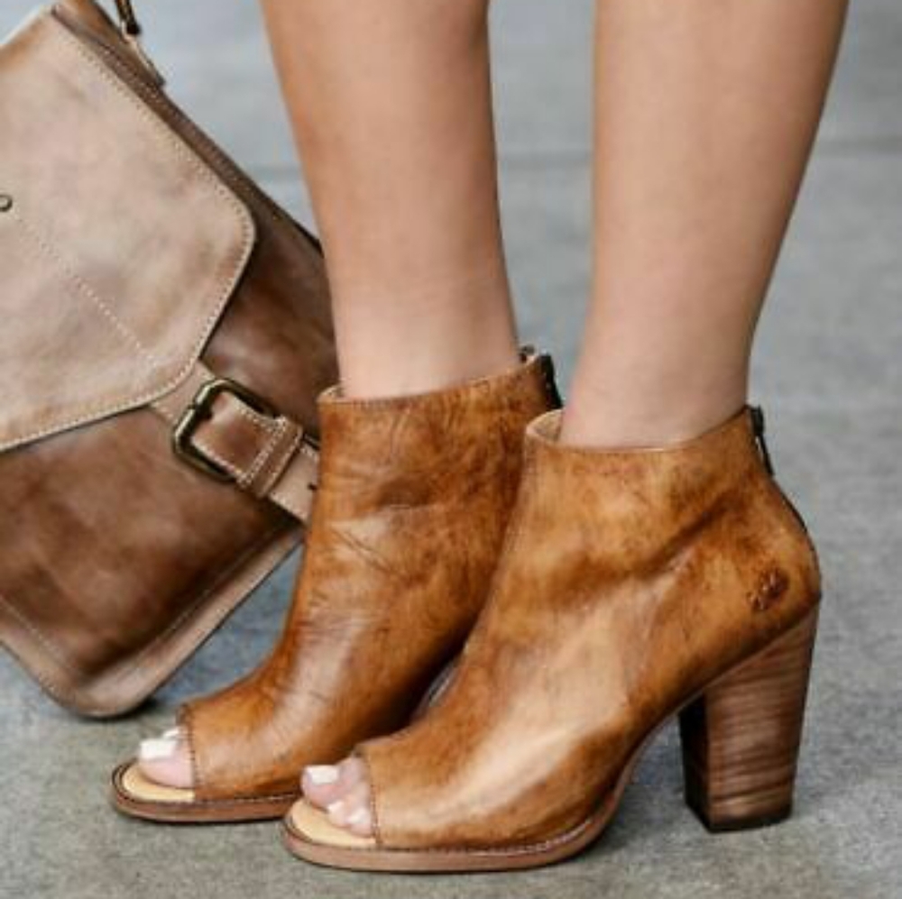 bed stu | Brown Leather Onset Open Toe Heeled Boot